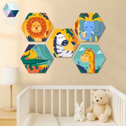 Állati színes kavalkád - 5 db-os hatszög babaszoba dekoráció